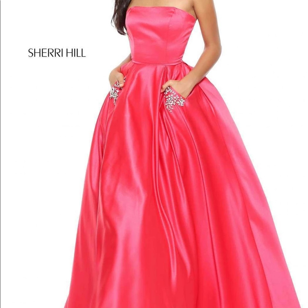 Sherri Hill Strapless Beaded Pocket Dress- fuschia